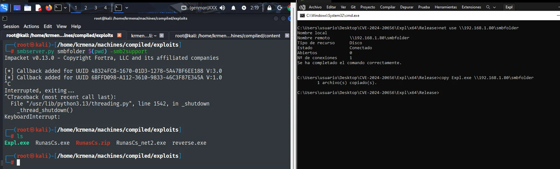 el net use conecta el recurso, el copy lleva Expl.exe y el ls del Kali ya muestra Expl.exe junto a RunasCs.exe y reverse.exe