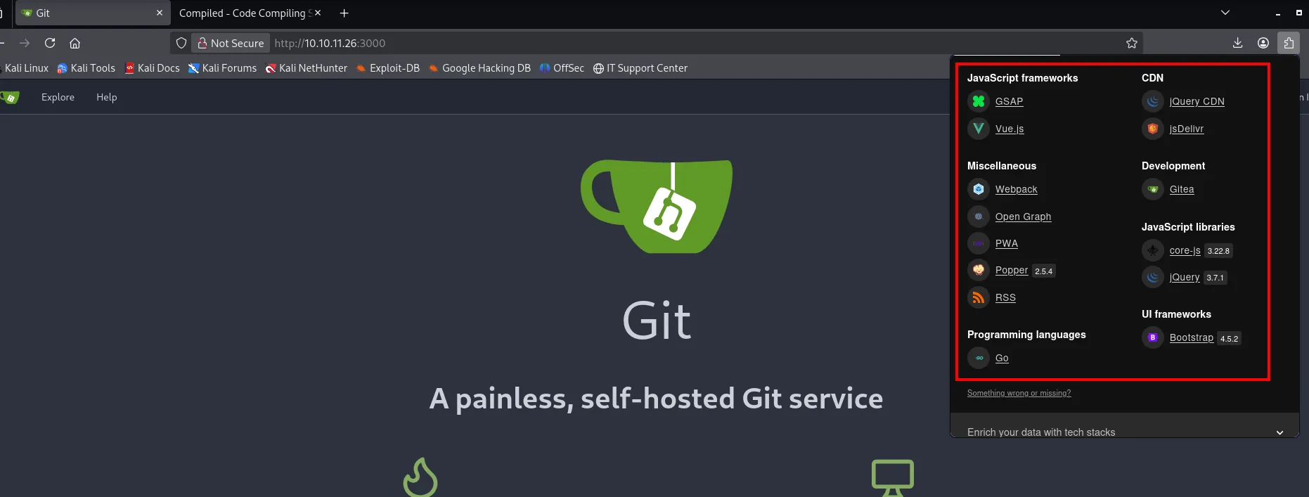 Wappalyzer sobre el 3000 detecta Gitea en Development, Go como lenguaje, Vue.js, jQuery 3.7.1 y Bootstrap 4.5.2