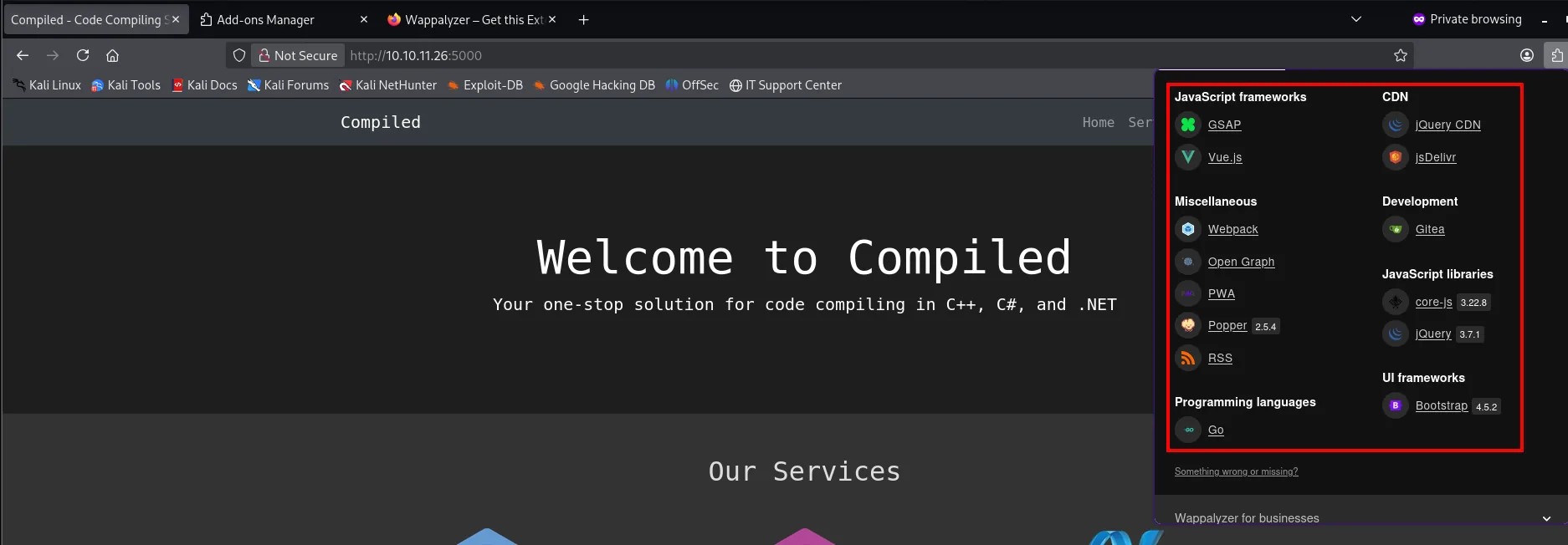 Wappalyzer sobre el 5000 devuelve exactamente la misma lista, con la portada Welcome to Compiled detrás