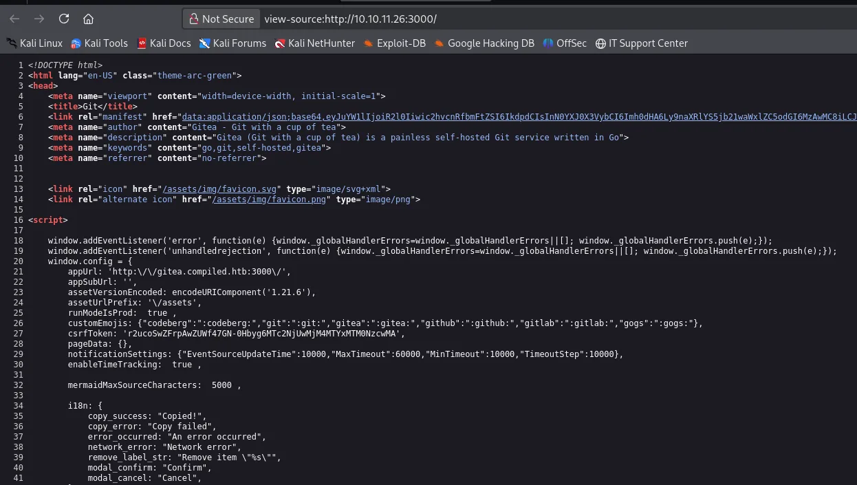 el view-source del 3000 muestra appUrl gitea.compiled.htb:3000 y assetVersionEncoded con la versión 1.21.6