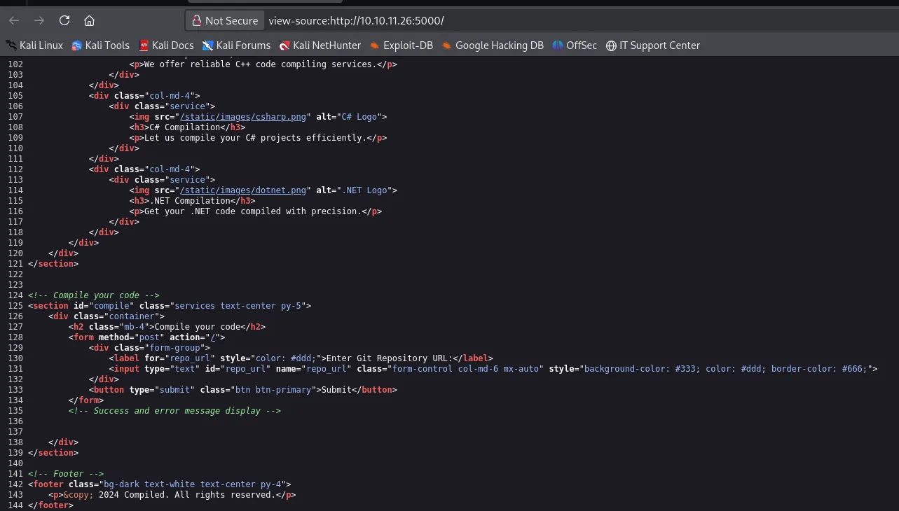 el view-source del 5000 muestra el formulario POST con el input repo_url y las tres tarjetas de compilación C++, C# y .NET