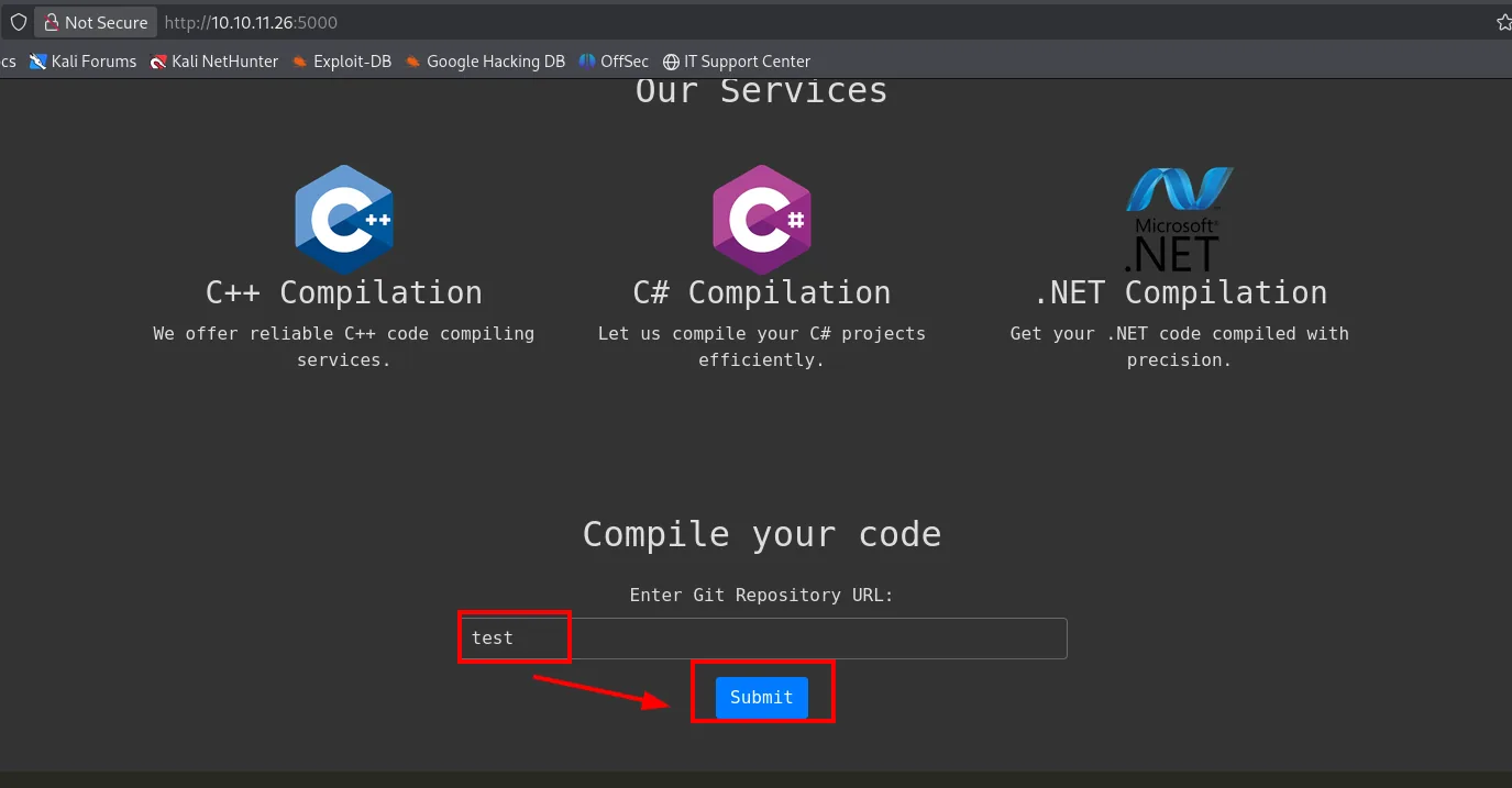 la web del puerto 5000 compila código desde una URL de repositorio git