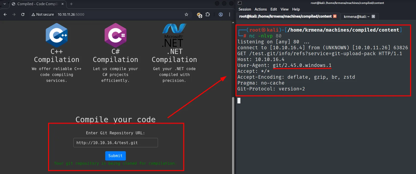 nc recibe la petición del servidor con el User-Agent git/2.45.0.windows.1