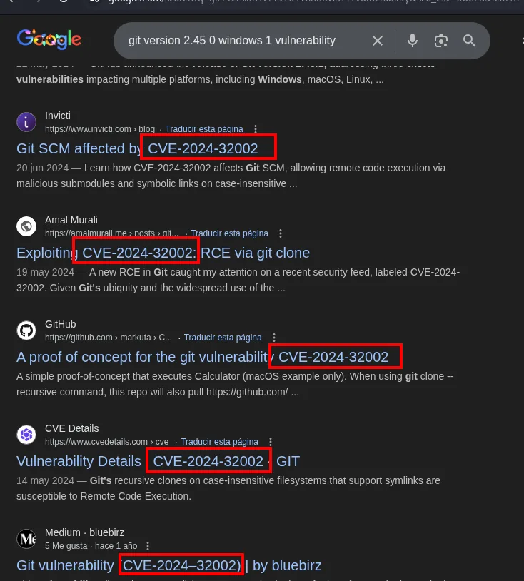 la búsqueda de "git version 2.45 0 windows 1 vulnerability" devuelve entradas de Invicti, Amal Murali, GitHub y CVE Details, todas apuntando a CVE-2024-32002
