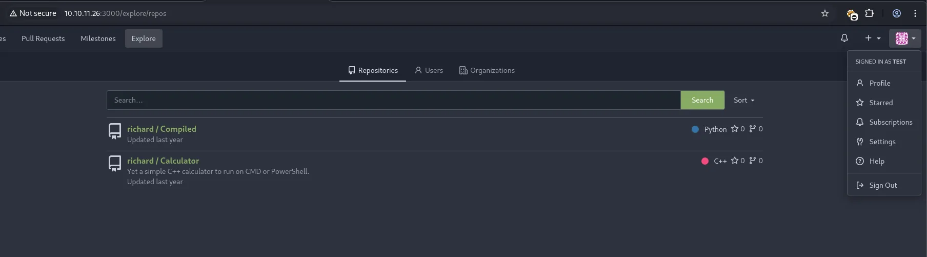 la vista Explore de Gitea, autenticada como test, lista los repositorios richard/Compiled en Python y richard/Calculator en C++