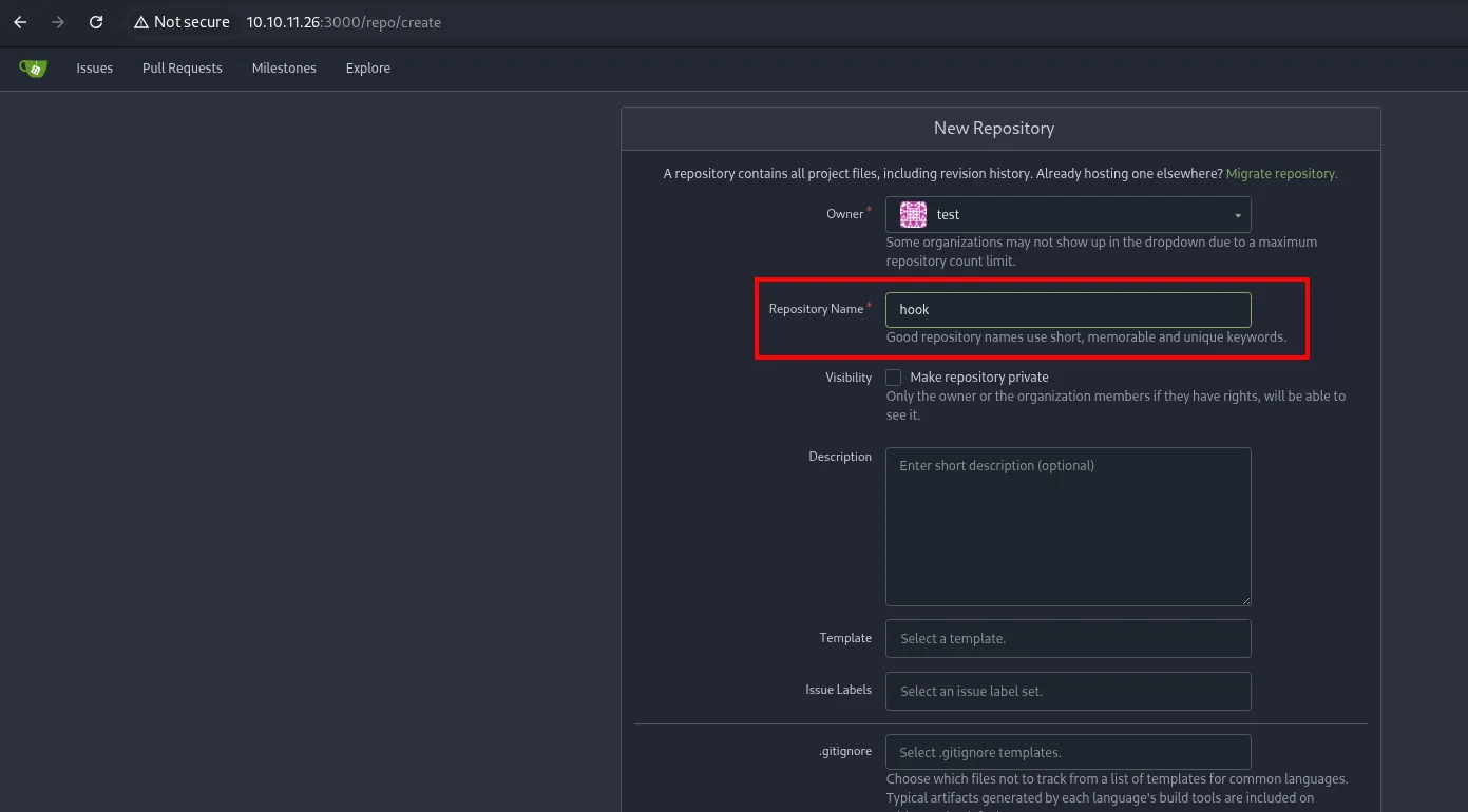 el formulario New Repository de Gitea con el propietario test y el nombre de repositorio hook
