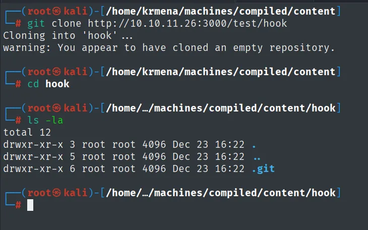 el clone avisa de que el repositorio está vacío y el ls -la solo muestra el directorio .git