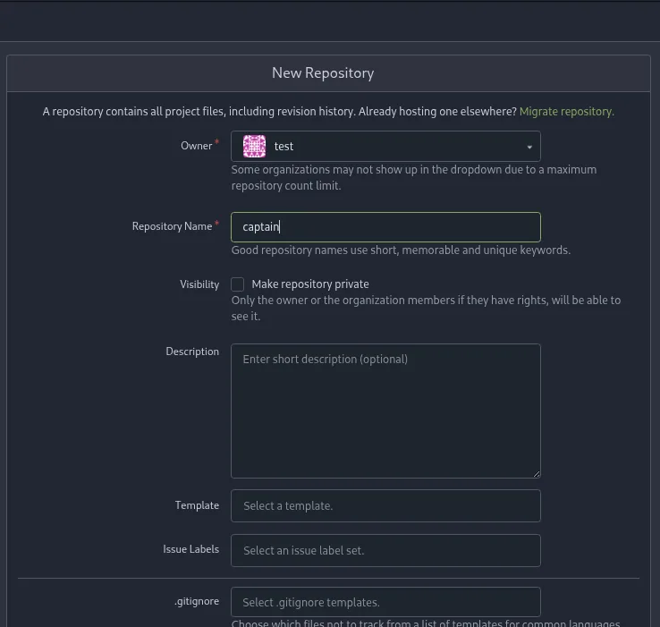 el formulario New Repository con el propietario test y el nombre captain