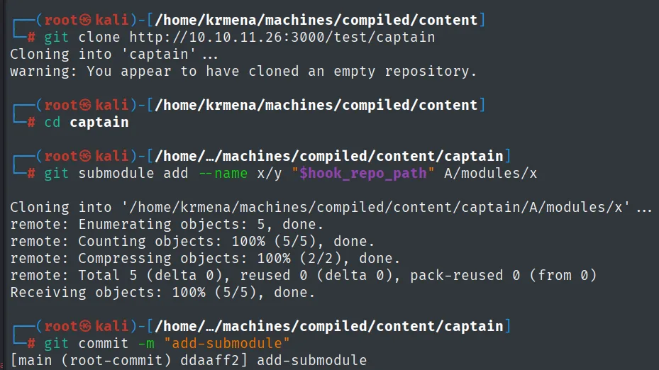 el submodule add clona el repo hook dentro de captain/A/modules/x y el commit devuelve ddaaff2