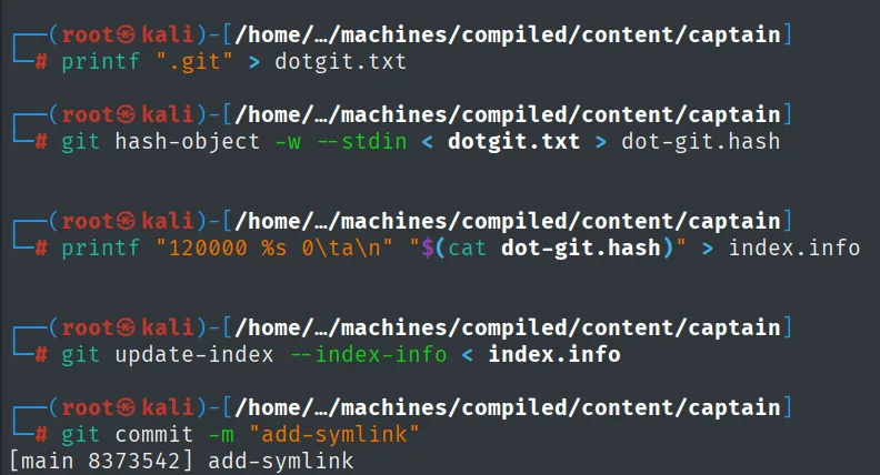la secuencia de hash-object, printf con el modo 120000, update-index y el commit 8373542 add-symlink