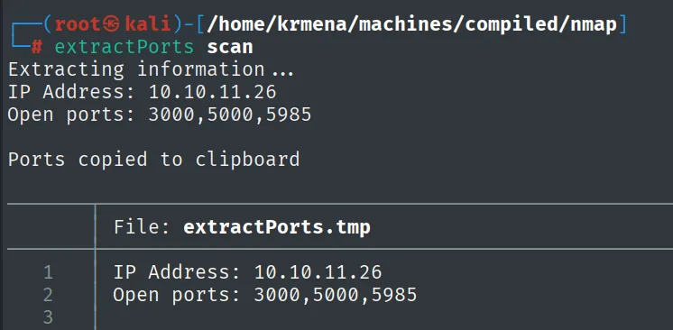 extractPorts devuelve IP Address 10.10.11.26 y Open ports 3000,5000,5985, copiados al portapapeles