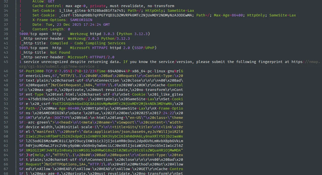 la parte baja del escaneo muestra Werkzeug 3.0.3 con Python 3.12.3 en el 5000, Microsoft HTTPAPI 2.0 en el 5985 y el fingerprint sin reconocer del 3000