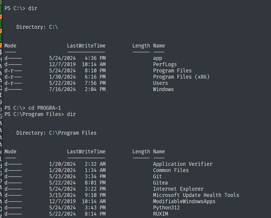el dir de C:\ muestra app, Program Files y Users, y dentro de Program Files aparecen Git, Gitea y Python312