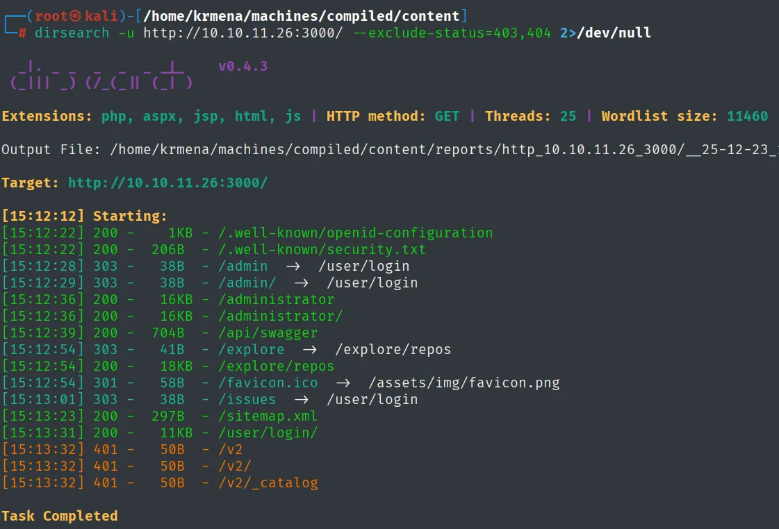 dirsearch sobre el Gitea lista /user/login, /administrator, /explore/repos y un /v2 que responde 401