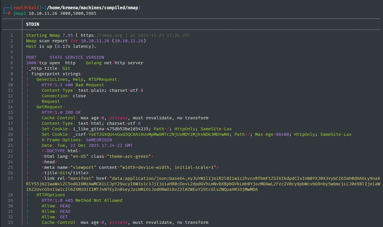 el escaneo de versiones identifica el 3000 como un servidor Golang net/http con título Git y cookie i_like_gitea