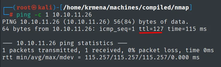 ping a 10.10.11.26 con ttl=127