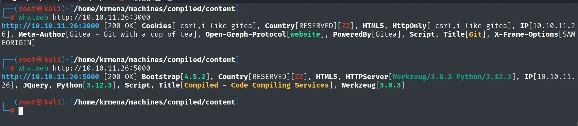 whatweb confirma Gitea en el 3000 y Werkzeug 3.0.3 con Python 3.12.3 en el 5000, titulado Compiled - Code Compiling Services