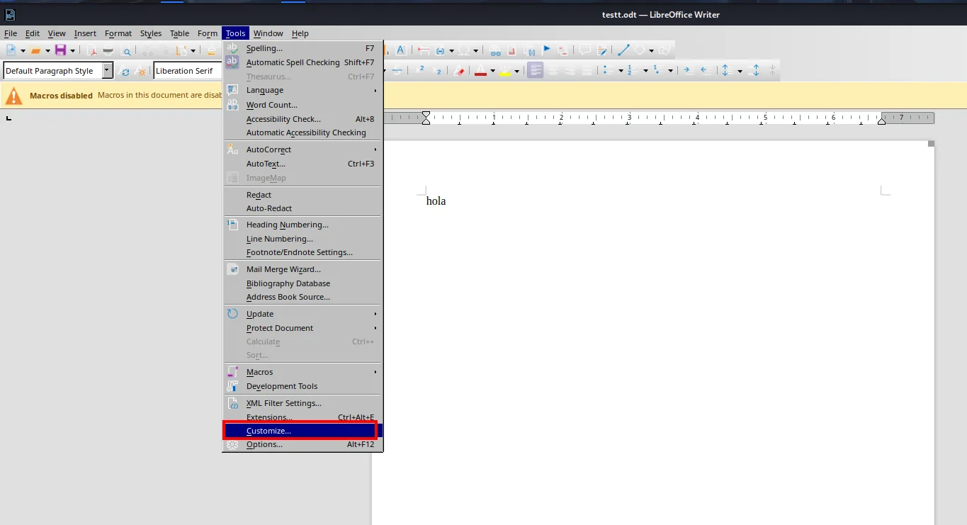 el menú Tools de LibreOffice Writer desplegado sobre testt.odt, con Customize resaltado al final de la lista, justo debajo de XML Filter Settings
