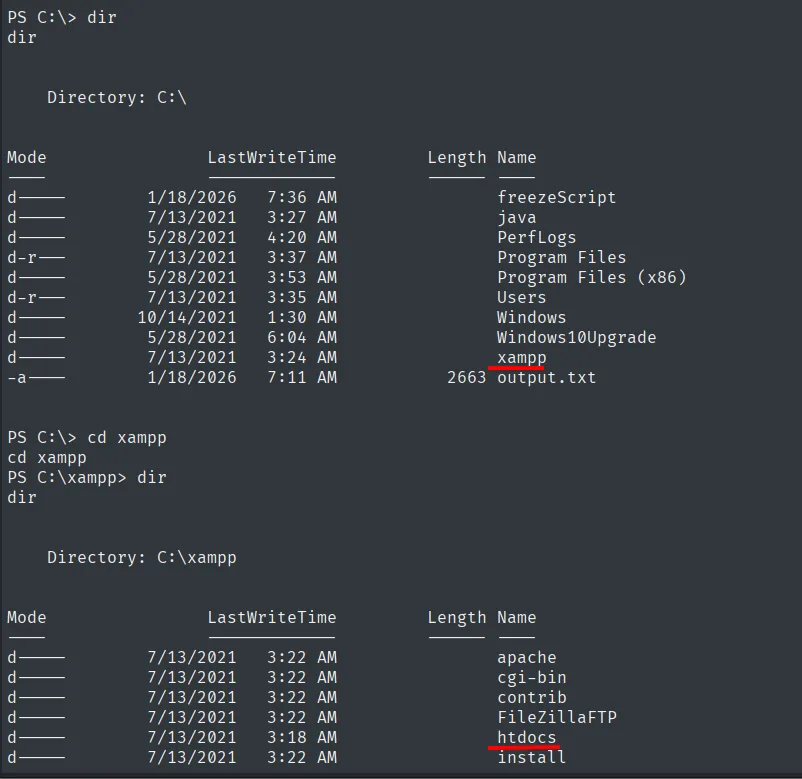 dir C:\ mostrando la carpeta xampp, y dir C:\xampp con apache, htdocs, install...