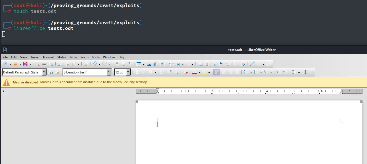 Terminal creando testt.odt y LibreOffice Writer abierto con la barra "Macros disabled"