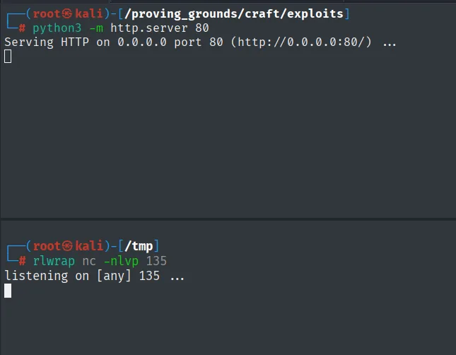 Dos terminales: python3 -m http.server 80 sirviendo y rlwrap nc -nlvp 135 escuchando