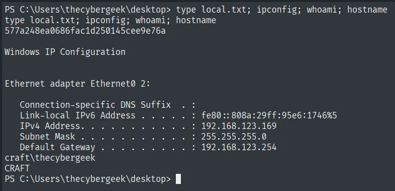 local.txt leída como craft\thecybergeek en la máquina CRAFT