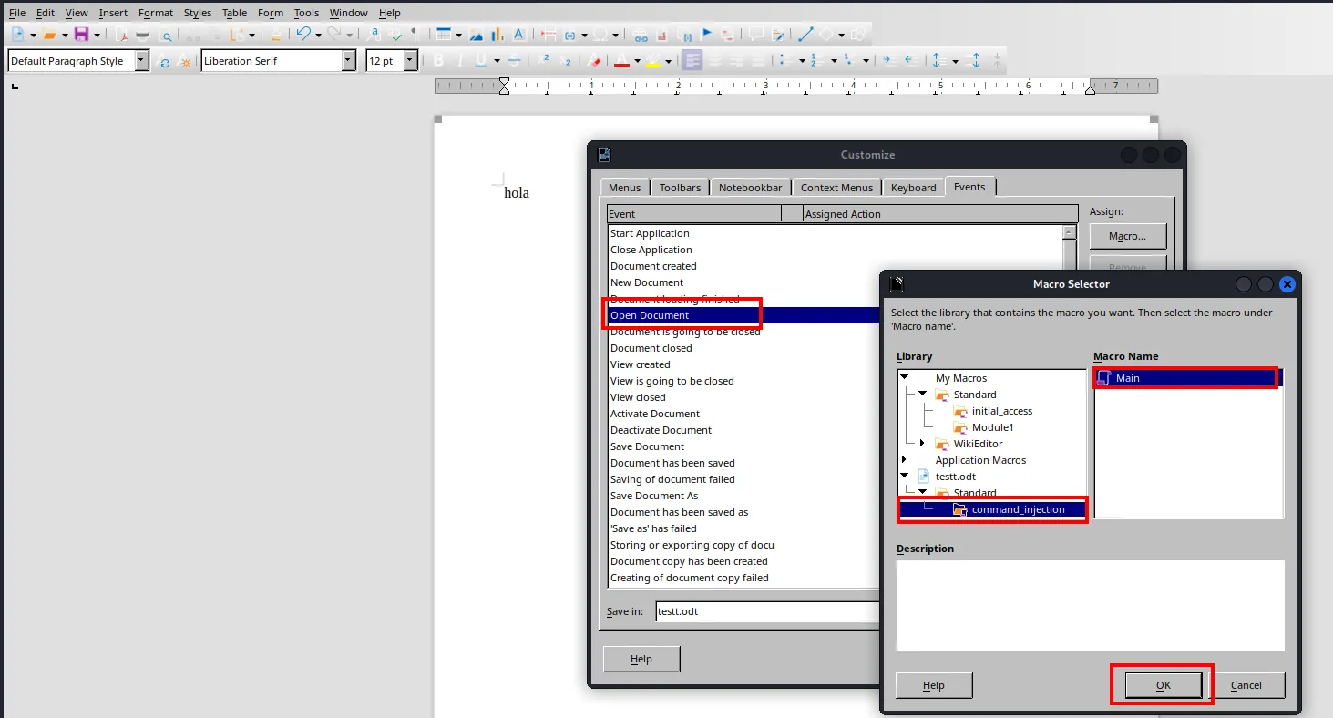 Diálogo Customize > Events: el evento "Open Document" seleccionado y el Macro Selector asignando testt.odt > command_injection > Main