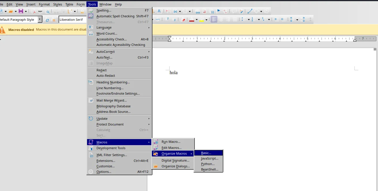 Menú Tools > Macros > Organize Macros > Basic de LibreOffice