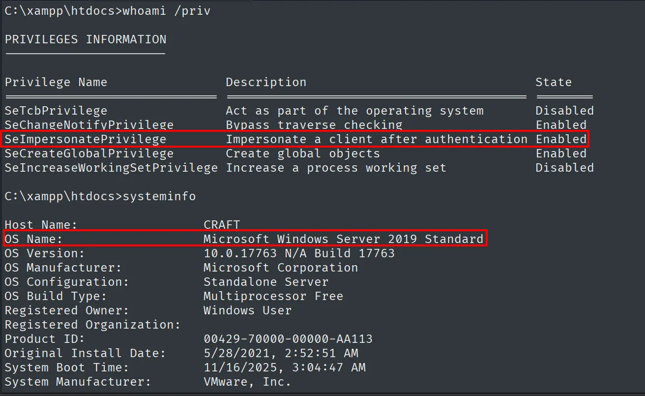 whoami /priv de craft\apache: SeImpersonatePrivilege y SeCreateGlobalPrivilege Enabled, Windows Server 2019 Standard