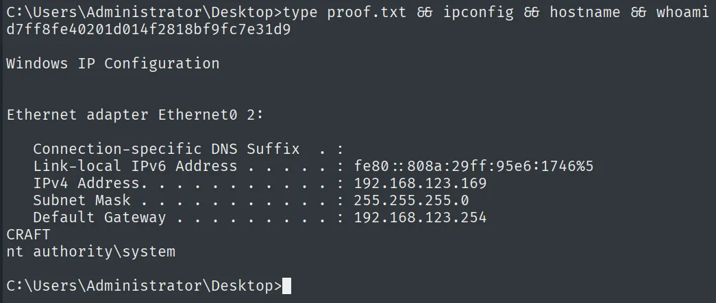 proof.txt leída como nt authority\system en CRAFT (192.168.123.169)