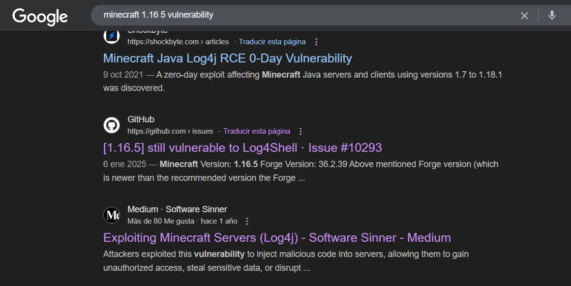 una búsqueda confirma que Minecraft 1.16.5 está afectado por el RCE de Log4j (Log4Shell)