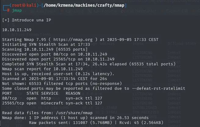 nmap -p- descubriendo solo los puertos 80 y 25565 abiertos, ambos con syn-ack ttl 127, y 65533 filtrados