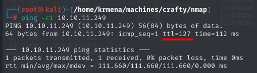 ping a 10.10.11.249 respondiendo con ttl=127 en 112 ms