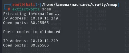 extractPorts devolviendo IP Address 10.10.11.249 y Open ports 80,25565